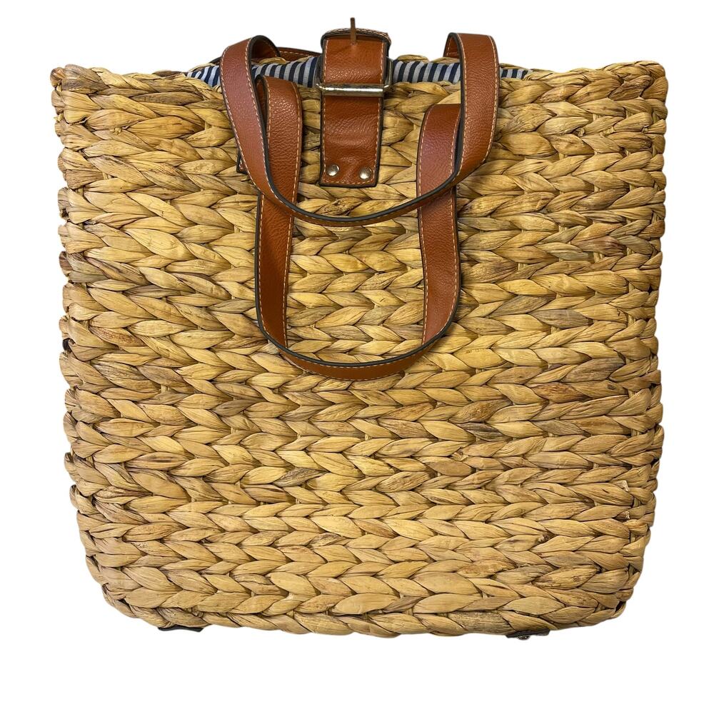 Woven Straw Rattan Backpack Brown Faux Leather Straps Boho Summer Bag